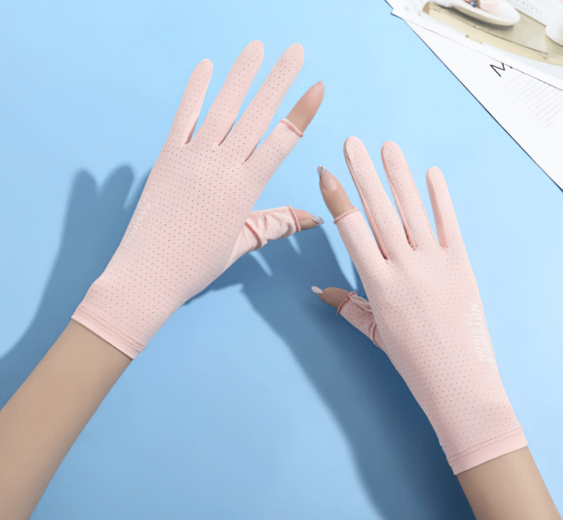 Pink anti-UV thin gloves for women, designed for cycling and driving, with open two fingers and breathable, anti-slip fabric.